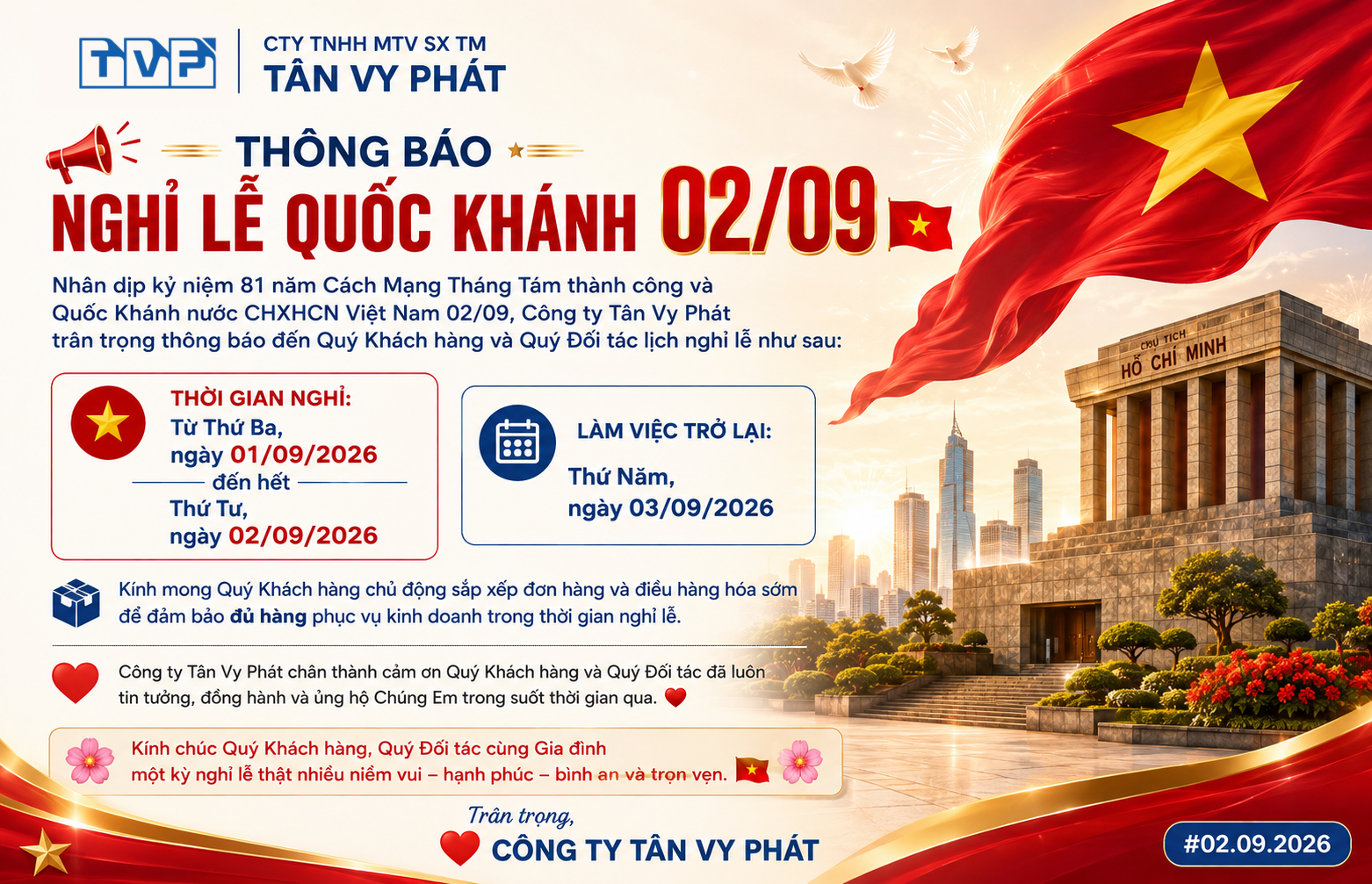 Thông báo Nghỉ lễ Quốc Khánh 02/09