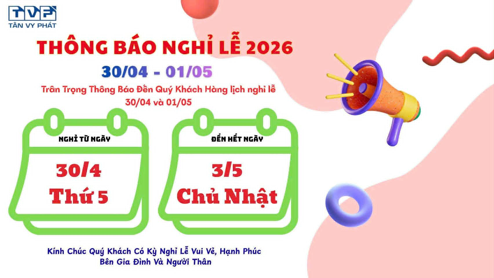 Thông báo nghỉ lễ 30/04 – 3/5/2026
